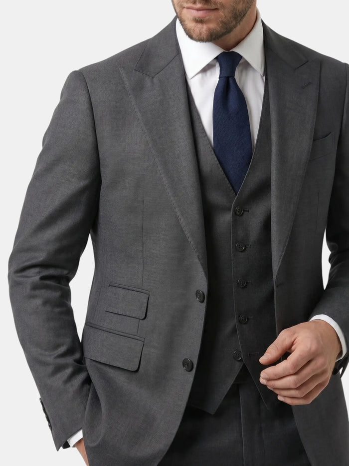Men's lightweight fabric three-piece suit with slim fit, elegant formal attire, featuring jacket, vest, and trousers in a classic style.