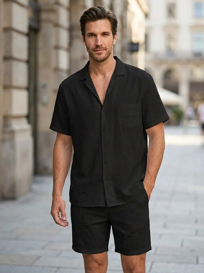 Men's lightweight woven summer set from LondonLaneStore featuring a relaxed short sleeve shirt and drawstring shorts.