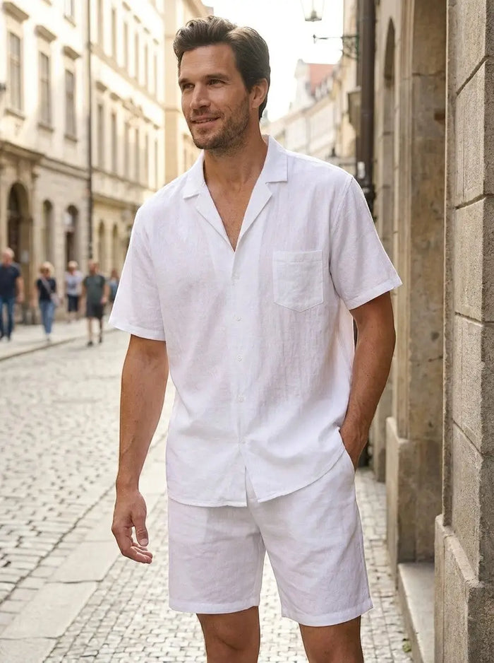 Men's lightweight woven summer set with relaxed short sleeve shirt and drawstring shorts from LondonLaneStore, perfect for warm weather.