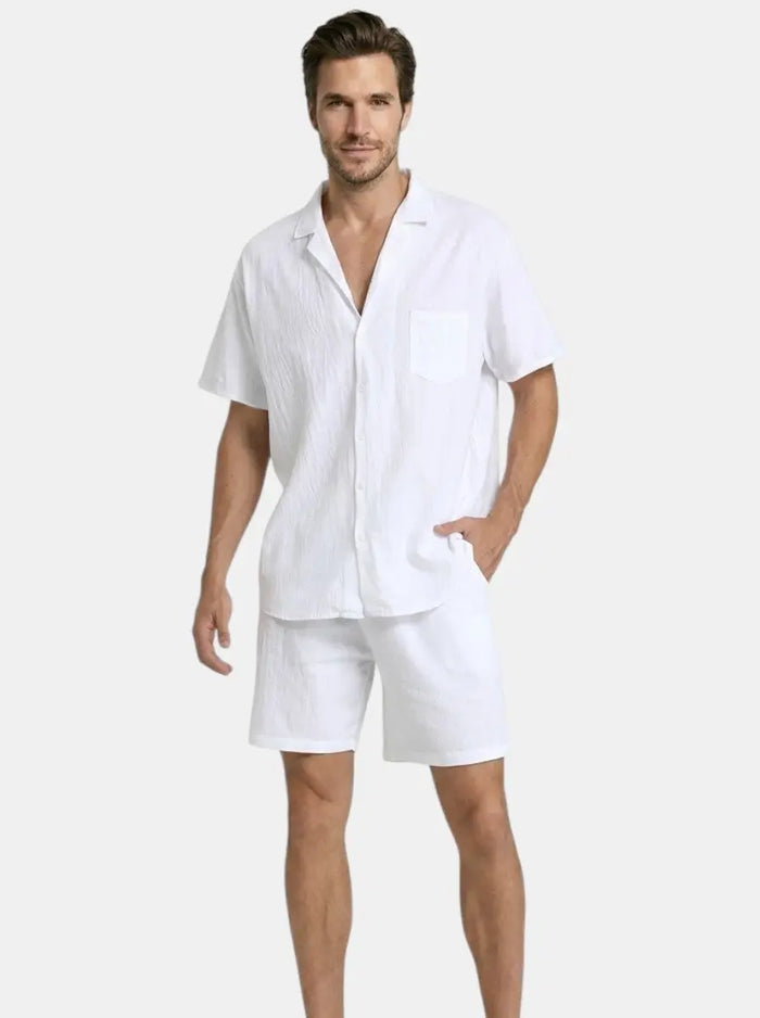 Men's lightweight woven summer set with relaxed short sleeve shirt and drawstring shorts, casual and breathable for warm weather.