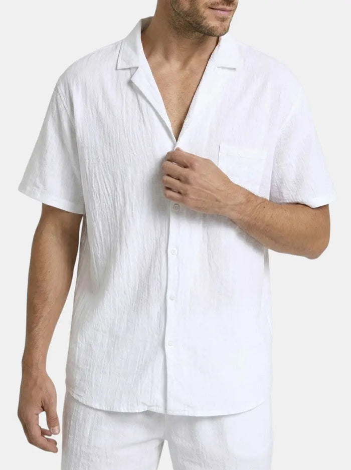 Men's lightweight woven summer set from LondonLaneStore featuring a relaxed short sleeve shirt and drawstring shorts, perfect for warm weather.