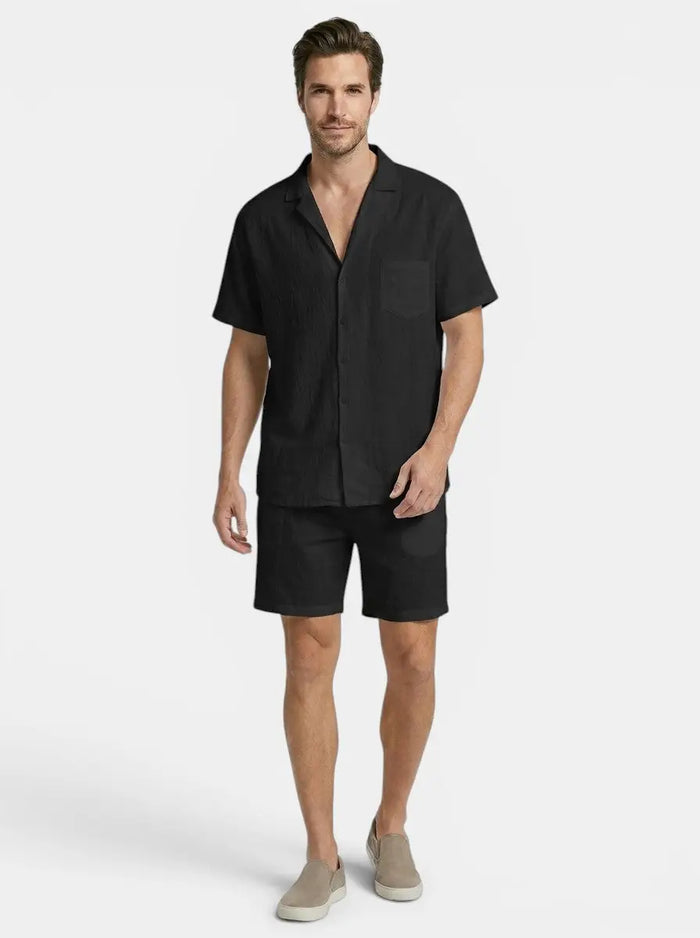 Men's lightweight woven summer set with relaxed short sleeve shirt and drawstring shorts by LondonLaneStore.