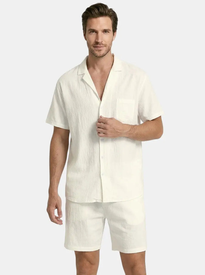 Men's lightweight woven summer set from LondonLaneStore featuring a relaxed short sleeve shirt and drawstring shorts.