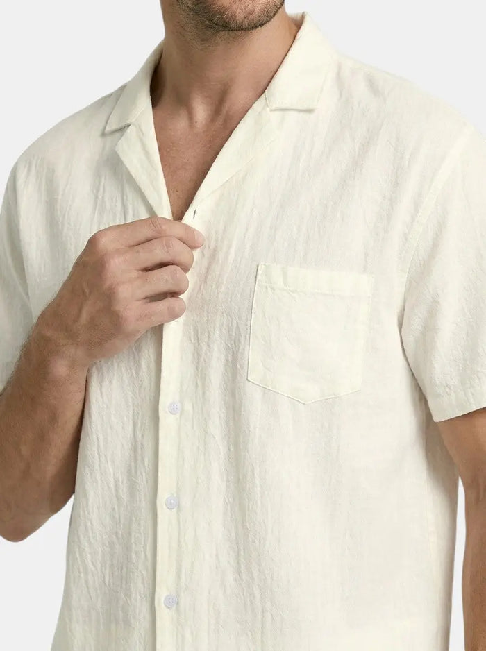 Men's lightweight woven summer set by LondonLaneStore with relaxed short sleeve shirt and drawstring shorts, perfect for warm weather.