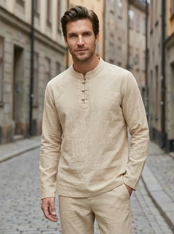 Men's linen blend two-piece set from LondonLaneStore, relaxed fit long sleeve top and drawstring trousers, casual and comfortable clothing