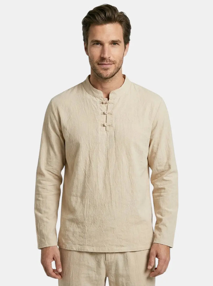 Men's linen blend two-piece set with relaxed fit long sleeve top and drawstring trousers, casual men's clothing from LondonLaneStore