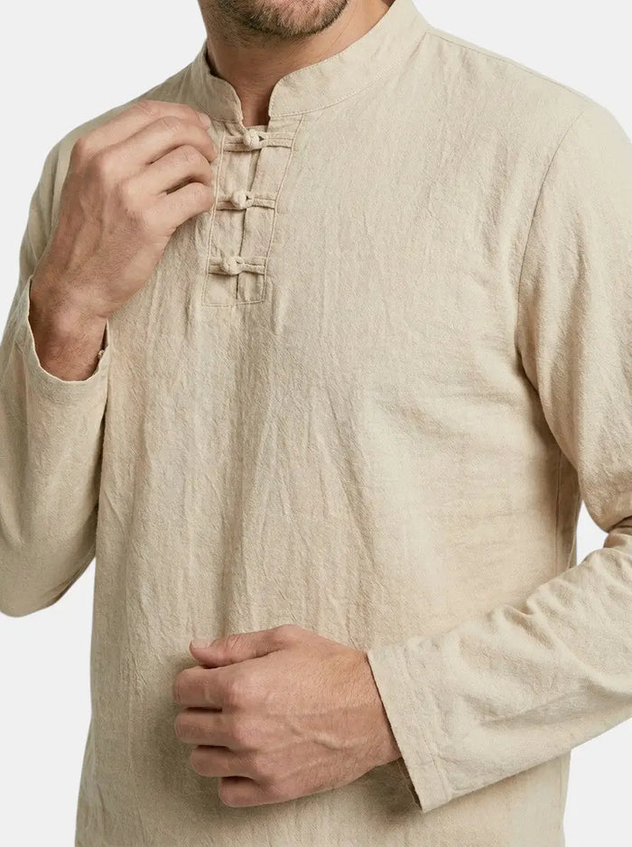 Men's linen blend two-piece set with relaxed fit long sleeve top and drawstring trousers, casual men's clothing by LondonLaneStore.