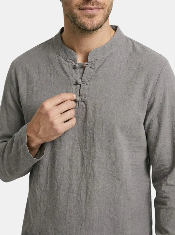 Men's linen blend two-piece set with relaxed fit long sleeve top and drawstring trousers, casual men's clothing from LondonLaneStore.