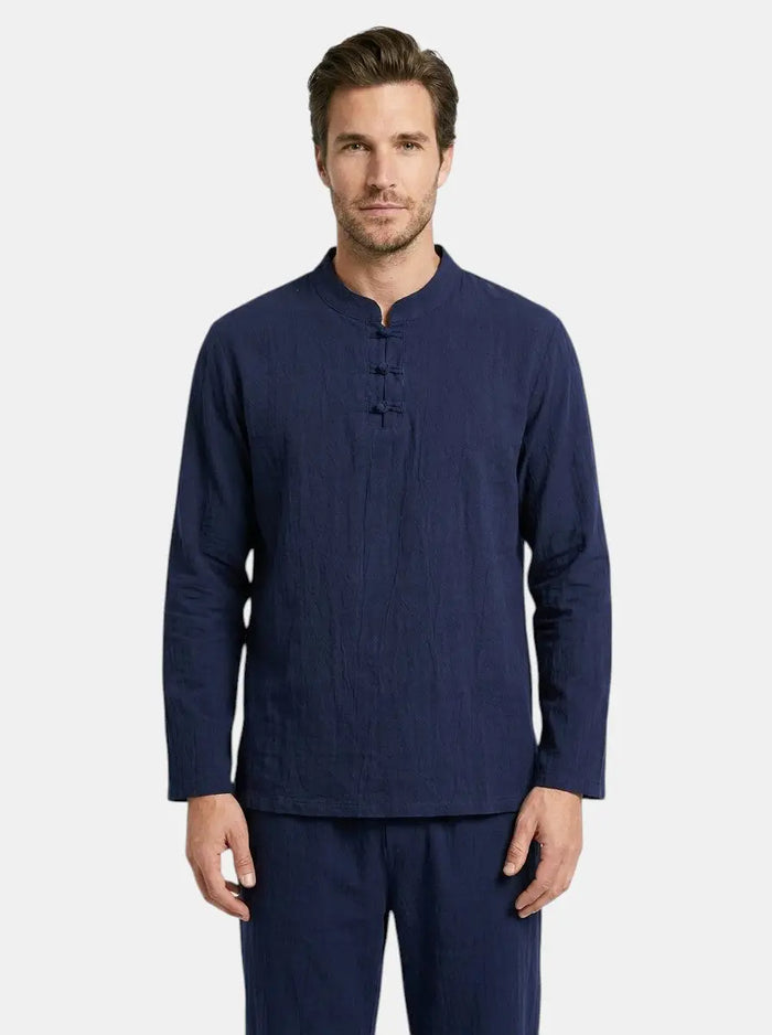 Men's linen blend two-piece set with relaxed fit long sleeve top and drawstring trousers, stylish men's clothing from LondonLaneStore