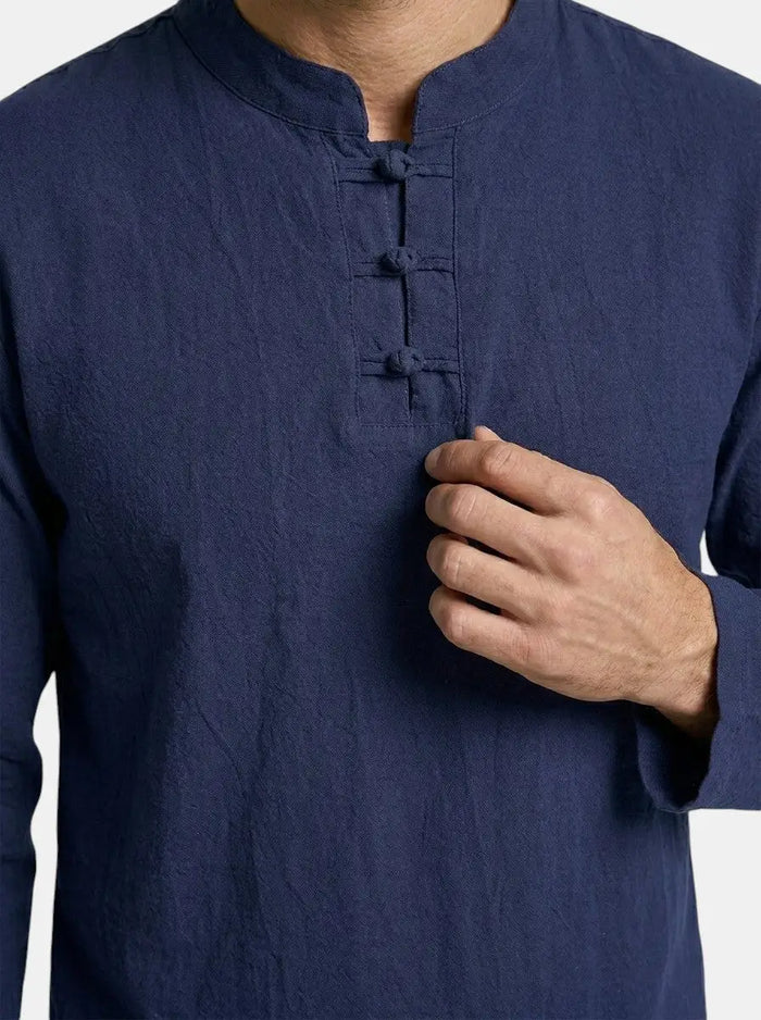Men's linen blend two-piece set with relaxed fit long sleeve top and drawstring trousers, casual men's clothing by LondonLaneStore.