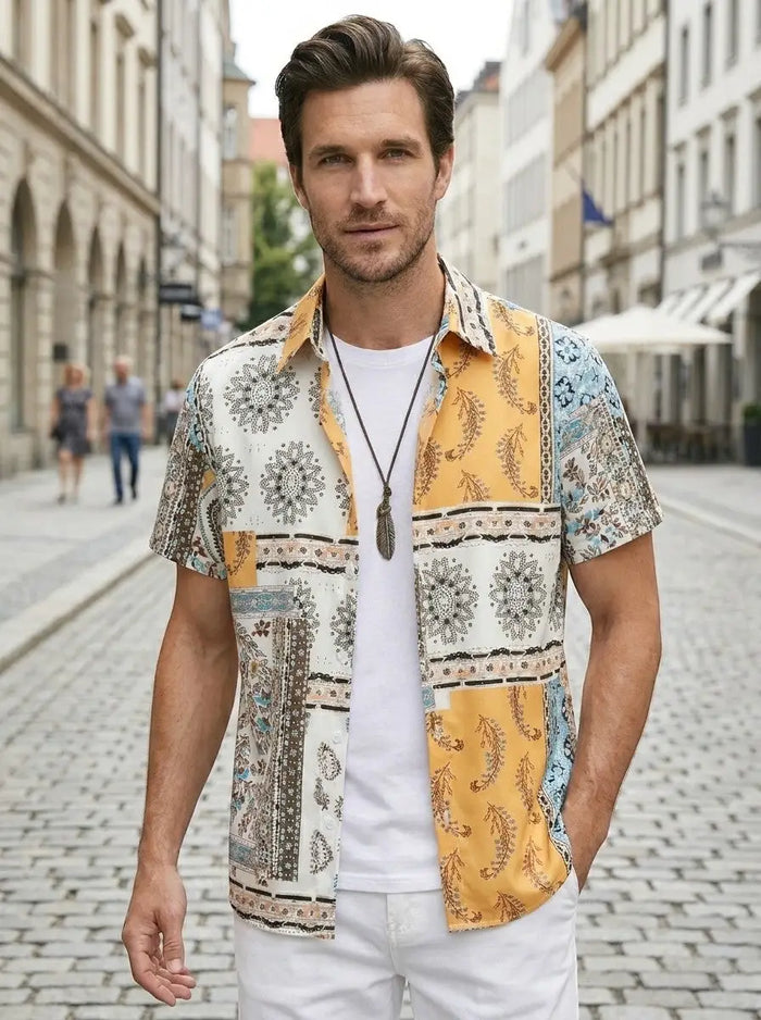 Men's mixed print short sleeve shirt and drawstring shorts set, stylish casual two-piece outfit by LondonLaneStore