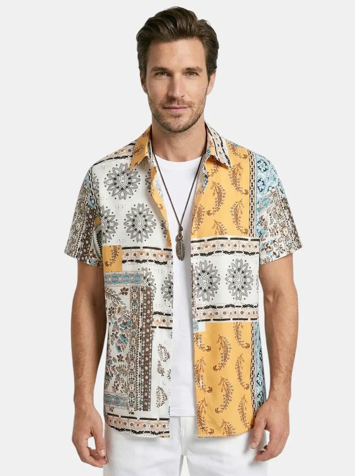 Men's mixed print short sleeve shirt and drawstring shorts set by LondonLaneStore, stylish casual two-piece outfit for men.
