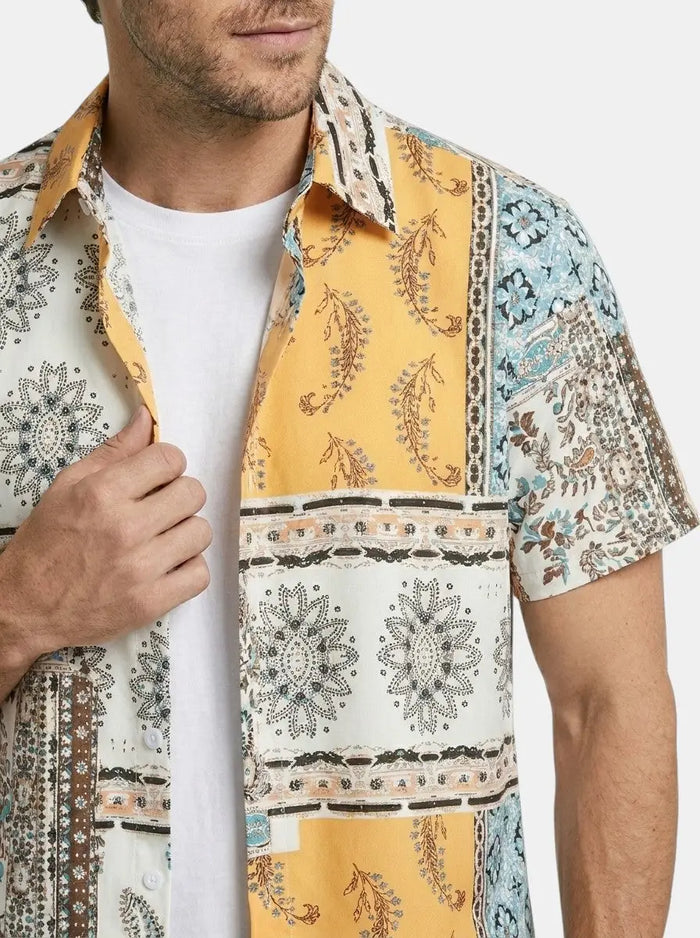 Men's mixed print short sleeve shirt and drawstring shorts set by LondonLaneStore, stylish casual two-piece outfit.