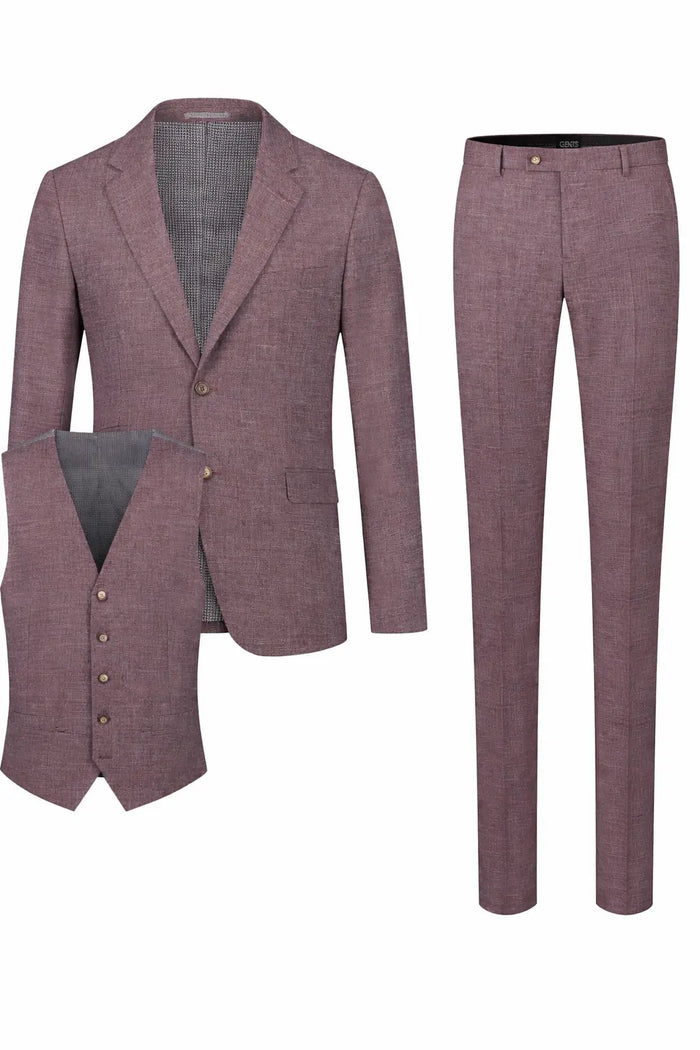 Men's modern-fit polyester suit in raisin red with wrinkle-resistant 3-D linen fabric, suitable for weddings and formal occasions.