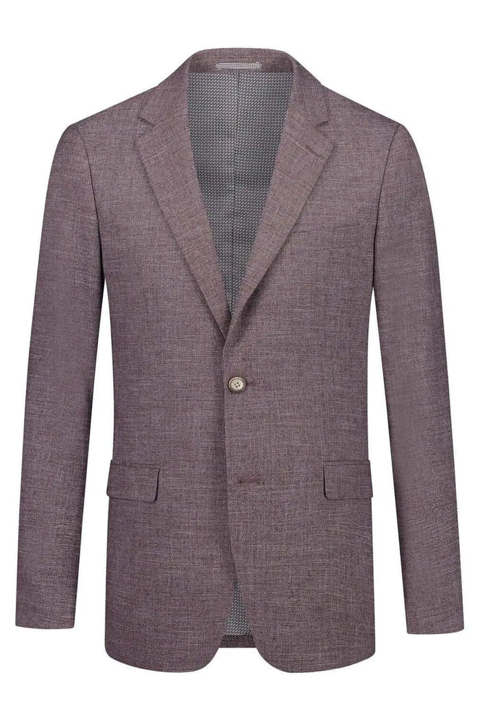 Men's modern-fit polyester suit by LondonLaneStore in raisin red, featuring wrinkle-resistant 3-D linen fabric, ideal for weddings.