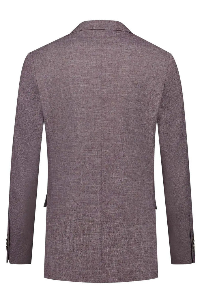 Men's modern-fit polyester suit in raisin red with wrinkle-resistant 3-D linen fabric, ideal for weddings and formal occasions.