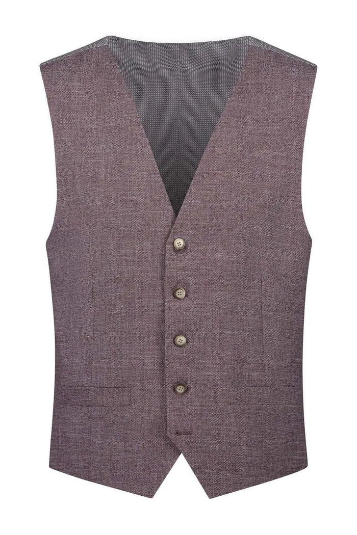 Men's modern-fit polyester suit in raisin red with wrinkle-resistant 3-D linen fabric, ideal for weddings and formal occasions.