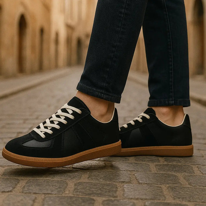 Men's retro contrast panel trainers with lace-up design, non-slip sole, and supportive, comfortable casual footwear by LondonLaneStore.
