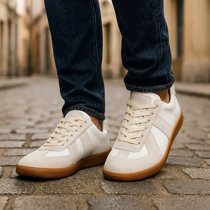 Men's retro contrast panel trainers with lace-up design, non-slip sole, and comfortable support from LondonLaneStore.