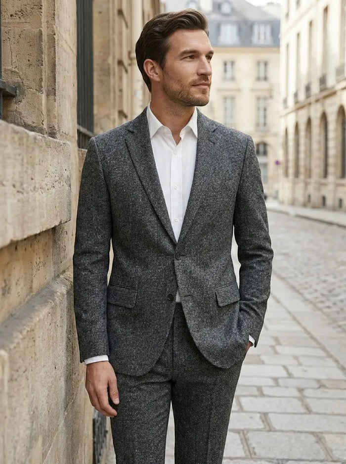 Men's slim fit two-piece suit in smooth suiting blend, featuring a formal design and tailored fit for elegant men's attire.