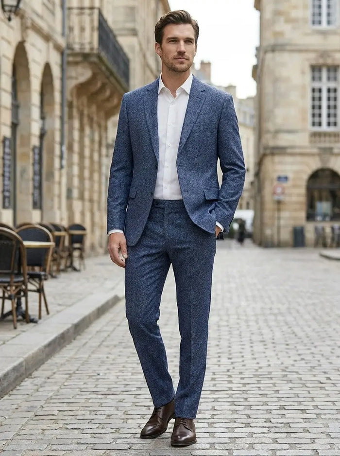 Men's slim fit two-piece suit made from smooth suiting blend, featuring a modern formal design in classic colors.