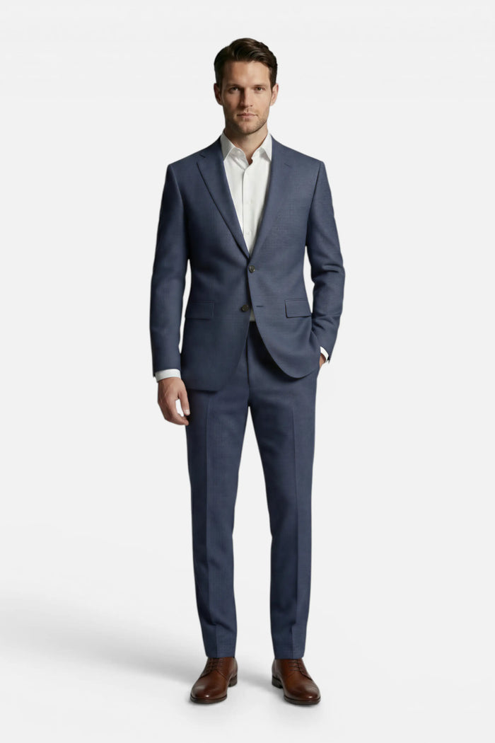 Men's stretch birdseye dark blue 2-piece wedding suit, tailored fit, classic style, suitable for formal occasions and weddings.