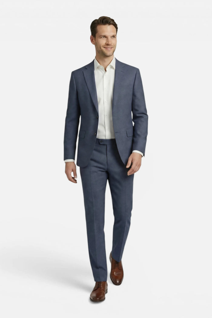 Men's dark blue stretch birdseye suit, 2-piece wedding suit for men, tailored fit, classic formal attire.