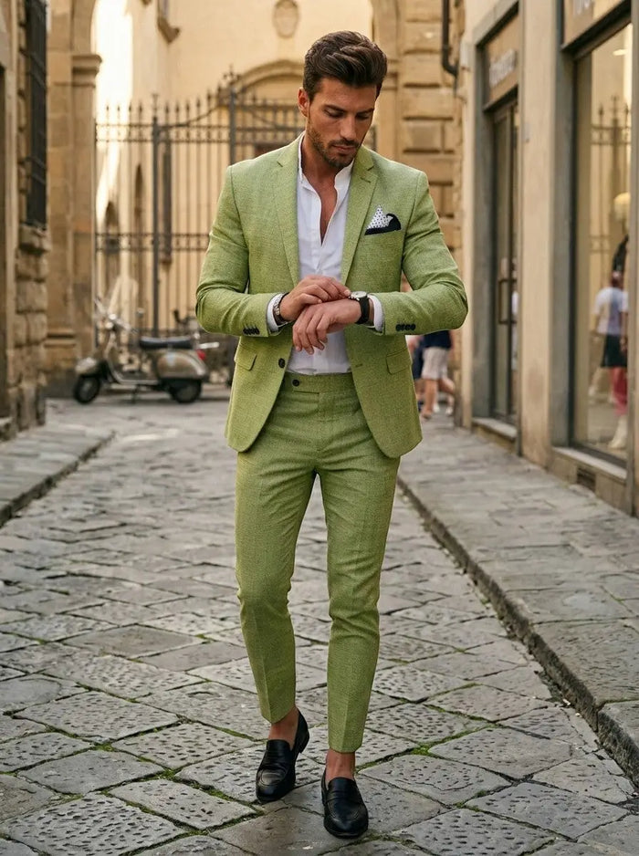 Men's tailored two-piece wedding suit in classic style, featuring a fitted jacket and matching trousers, stylish formal attire by LondonLaneStore.