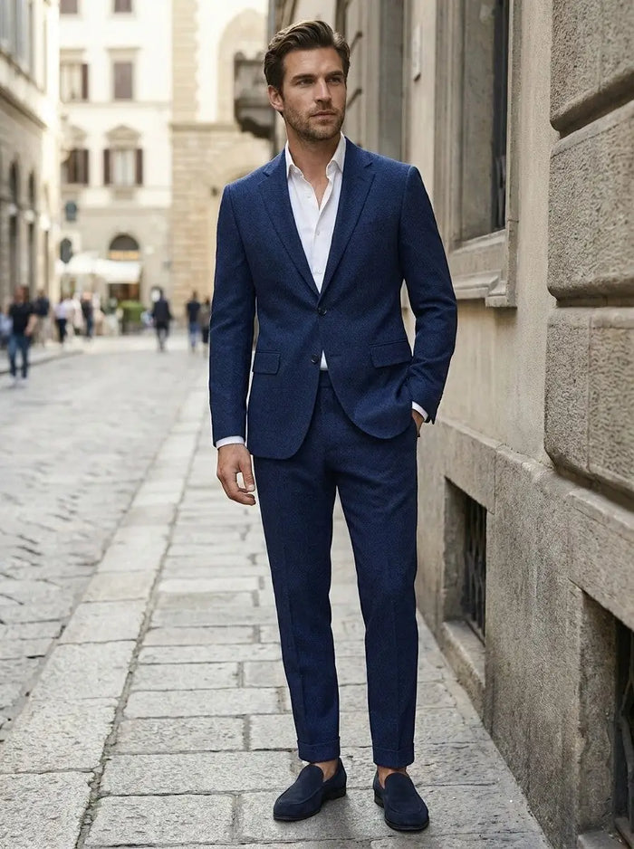 Men's woven suit set featuring a tailored blazer and slim-fit trousers, ideal for formal occasions, in a classic style.
