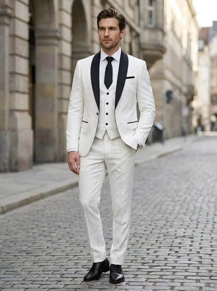 Men's woven three-piece wedding suit with elegant pattern, tailored fit, featuring jacket, vest, and trousers, ideal for groomsmen.