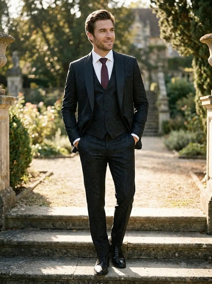 Men's woven three-piece wedding suit with an elegant patterned design, ideal for groomsmen, from LondonLaneStore.