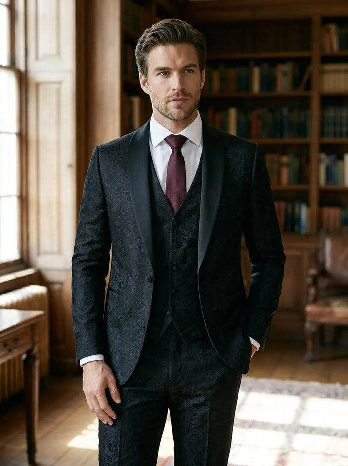 Men's woven three-piece wedding suit by LondonLaneStore, featuring an elegant patterned design for groomsmen.