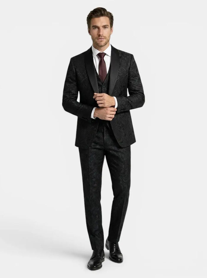 Men's woven three-piece wedding suit with an elegant patterned design, tailored for groomsmen, by LondonLaneStore.