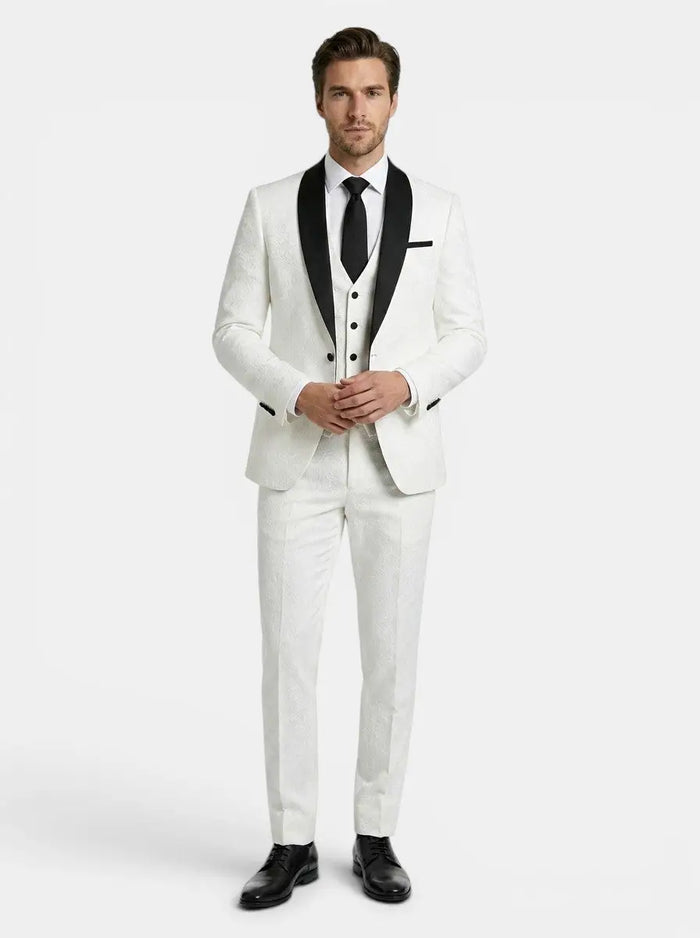 Men's woven three-piece wedding suit by LondonLaneStore, featuring an elegant patterned groomsmen outfit with jacket, vest, and trousers.