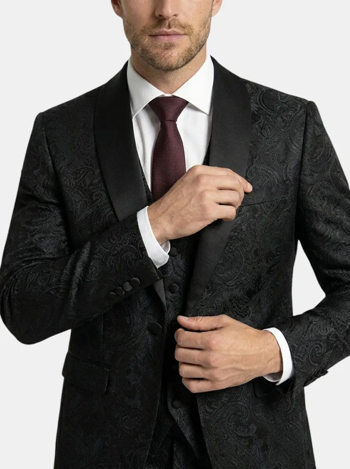 Men's woven three-piece wedding suit with an elegant patterned design, perfect for groomsmen, by LondonLaneStore.