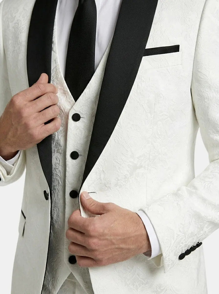 Men's woven three-piece wedding suit by LondonLaneStore, featuring an elegant patterned design for groomsmen.