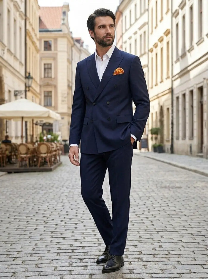 Men's woven wedding suit by LondonLaneStore featuring an elegant double-breasted design, tailored fit, and classic groomsmen attire.