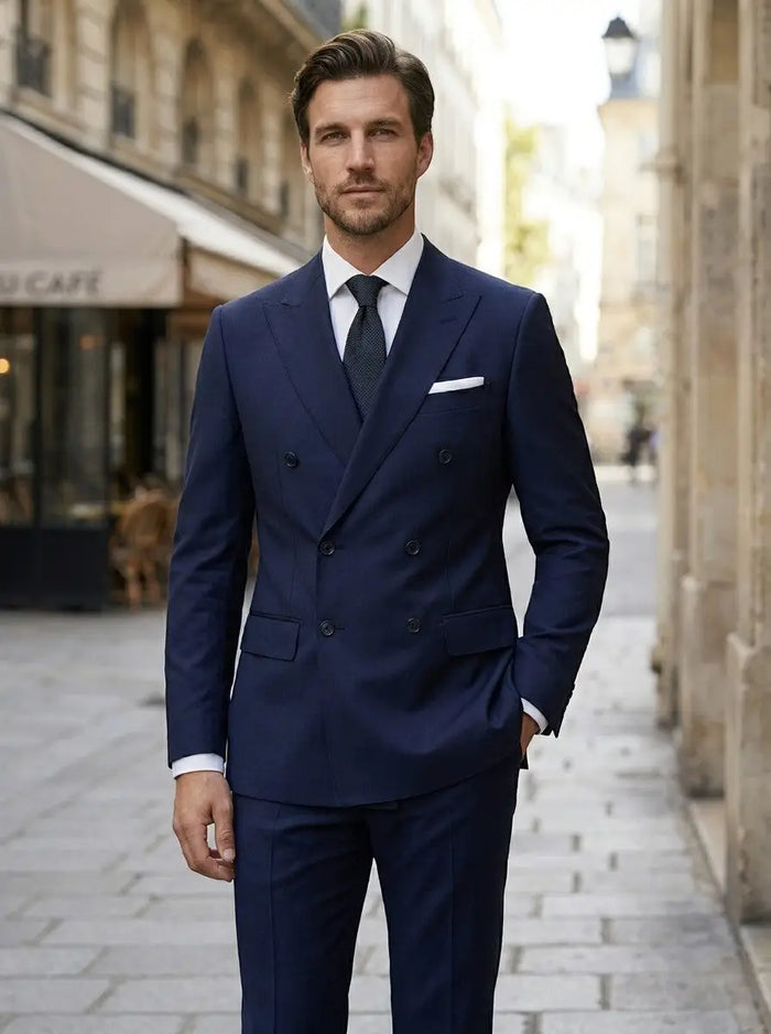 Men's woven wedding suit set featuring a double-breasted blazer and matching trousers, elegant formal attire from LondonLaneStore.