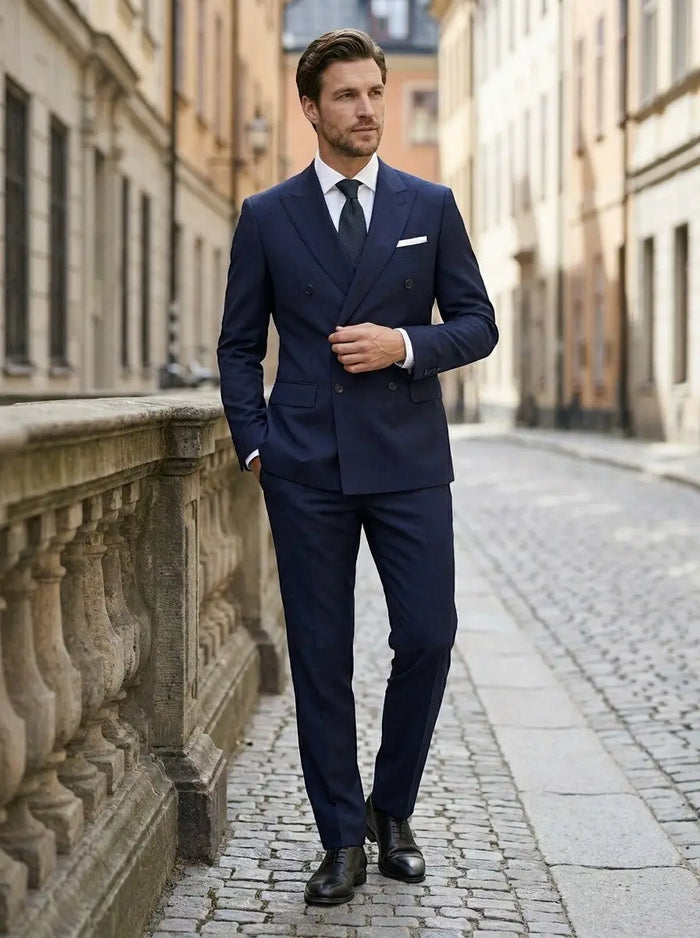 Men's woven wedding suit set by LondonLaneStore featuring an elegant double-breasted formal suit with matching trousers and shirt.