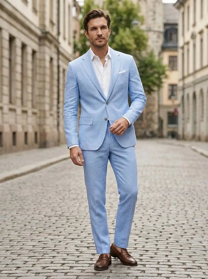 Men's woven wedding suit set featuring a tailored single-breasted blazer and matching trousers, stylish and elegant for special occasions