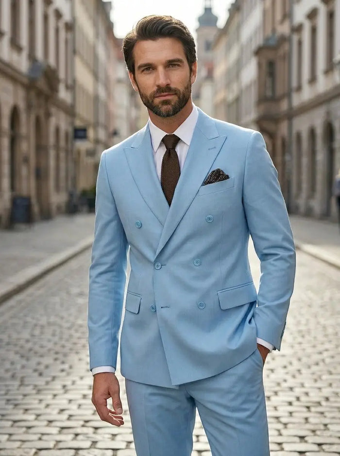 Men's slim fit black woven wedding suit, tailored groomsmen attire, shown in a men's fashion portrait with stylish details.