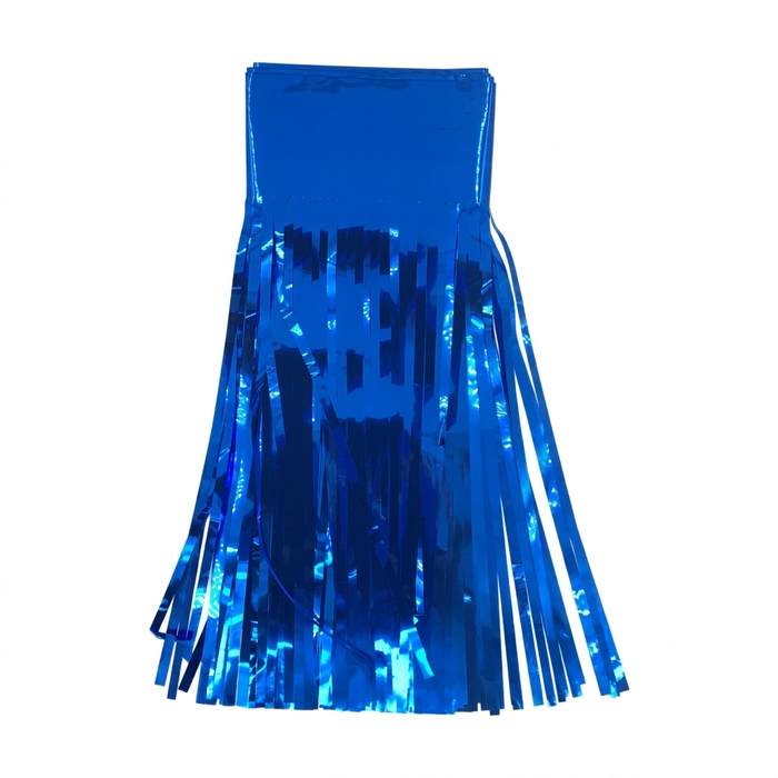 Blue metallic fringe dress on a white background