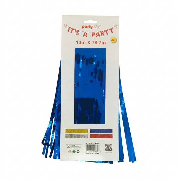 Blue tinsel on a white package with 'It's a Party' text