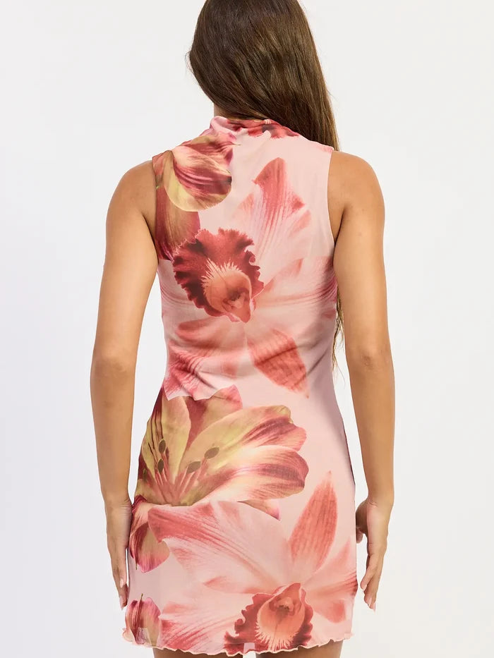 Mila Mini Floral Print Sleeveless Mesh Dress
