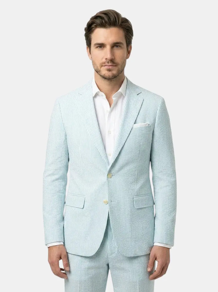 Milo men's lightweight pinstripe slim fit suit for weddings, shown on a mannequin with a matching tie and dress shoes.