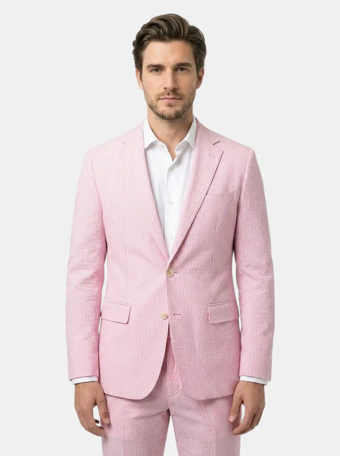 Lightweight Milo men's pinstripe slim fit suit for weddings, featuring a tailored design and classic style in a light fabric.