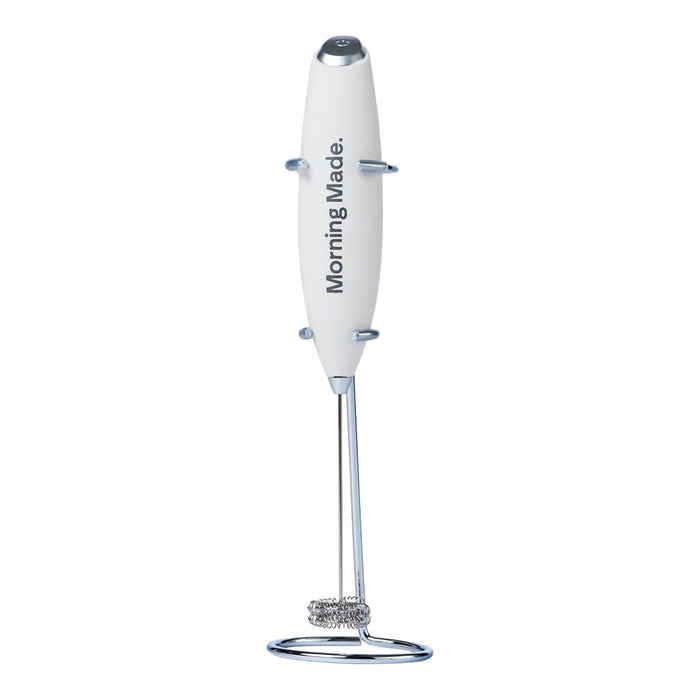 Morning Made Modern Matcha Whisk, a handheld electric mixer to blend matcha green tea and lattes. Made from stainless steel and comes with a kitchen counter stand.