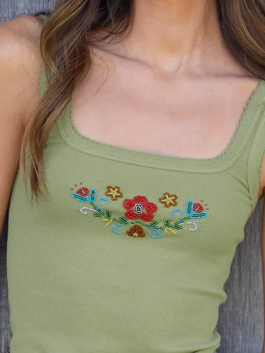 Mona Beaded Tank - Olive Floral-view 1