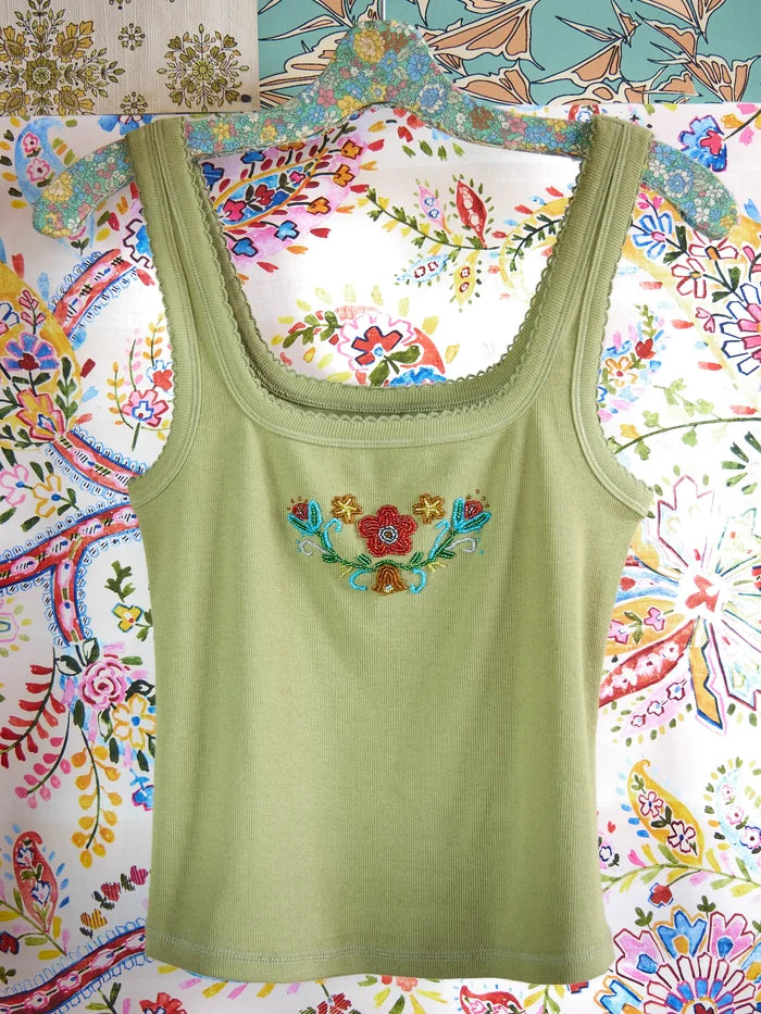 Mona Beaded Tank - Olive Floral-view 3