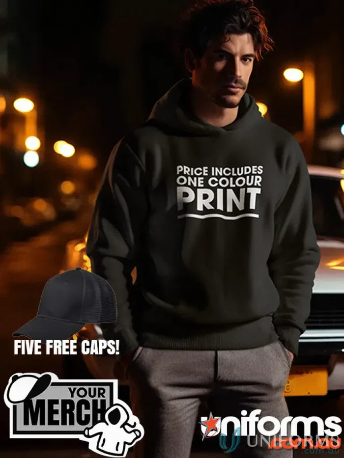 Black fleecy hoodie with white print, perfect for uniforms and workwear